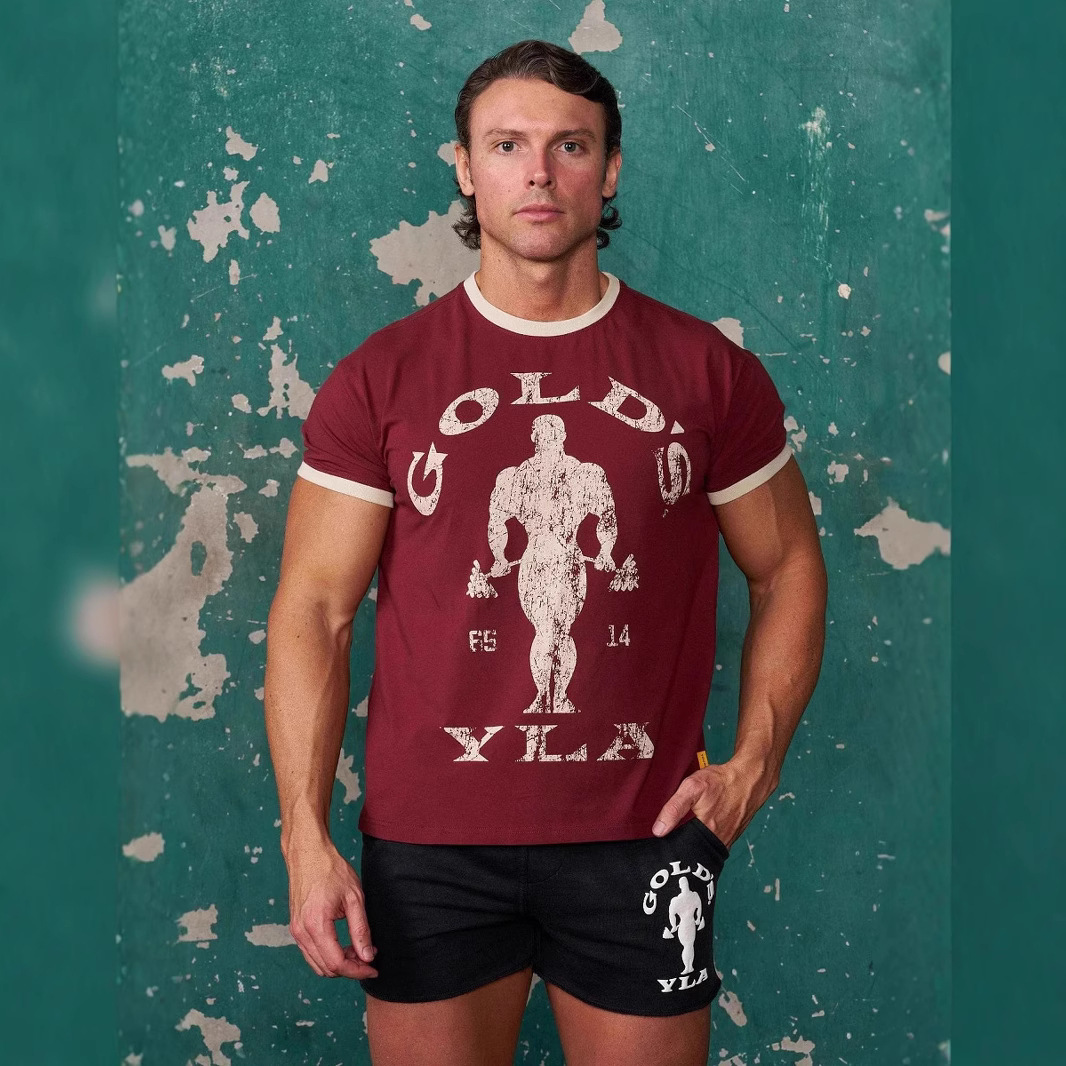 YOUNGLA joint GOLD'S summer new men's T-shirt jogger sports fitness cotton slim short sleeve