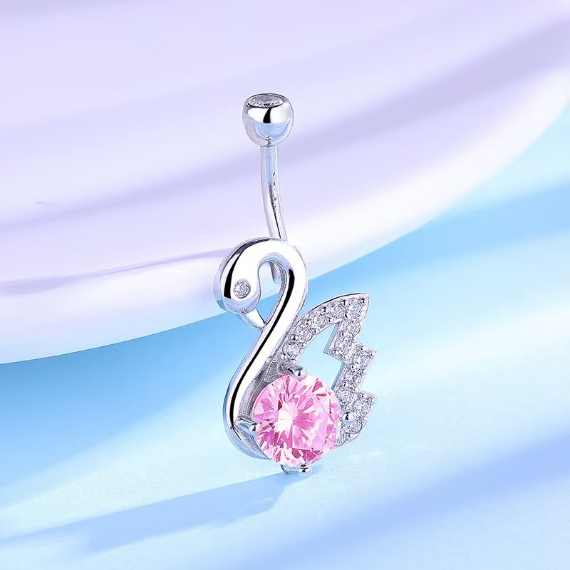 Fashionable Little Swan Belly Button Ring Copper Plated White Gold Tone CZ Dangle Navel Jewelry for Women detail image 8