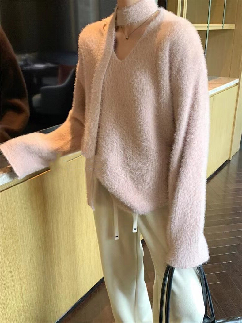 Sciarpa con scollo a V in stile coreano con pullover in pelliccia di visone, morbida maglia appiccicosa per l'autunno e l'inverno delle donne_voghion.com
