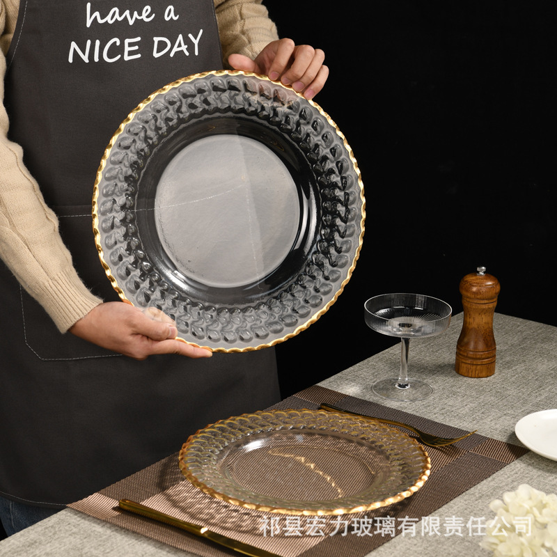 Golden edge glass fruit plate Nordic style home personalized creative modern Western steak plate pasta glass plate Golden edge glass fruit plate Nordic style home personalized creative modern Western steak plate pasta glass plate