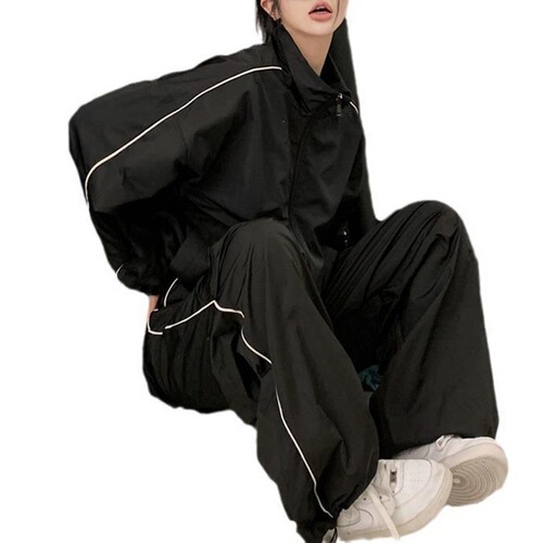 Black sportswear suit for women 2026 autumn trend American casual loose slimming coat, wide-leg pants two-piece set