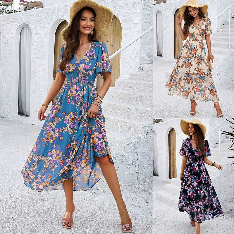 Трансграничная внешняя торговля Европейская и американская женская одежда Amazon весна и лето 2025 новый темпераментный принт с коротким рукавом шифоновое платье