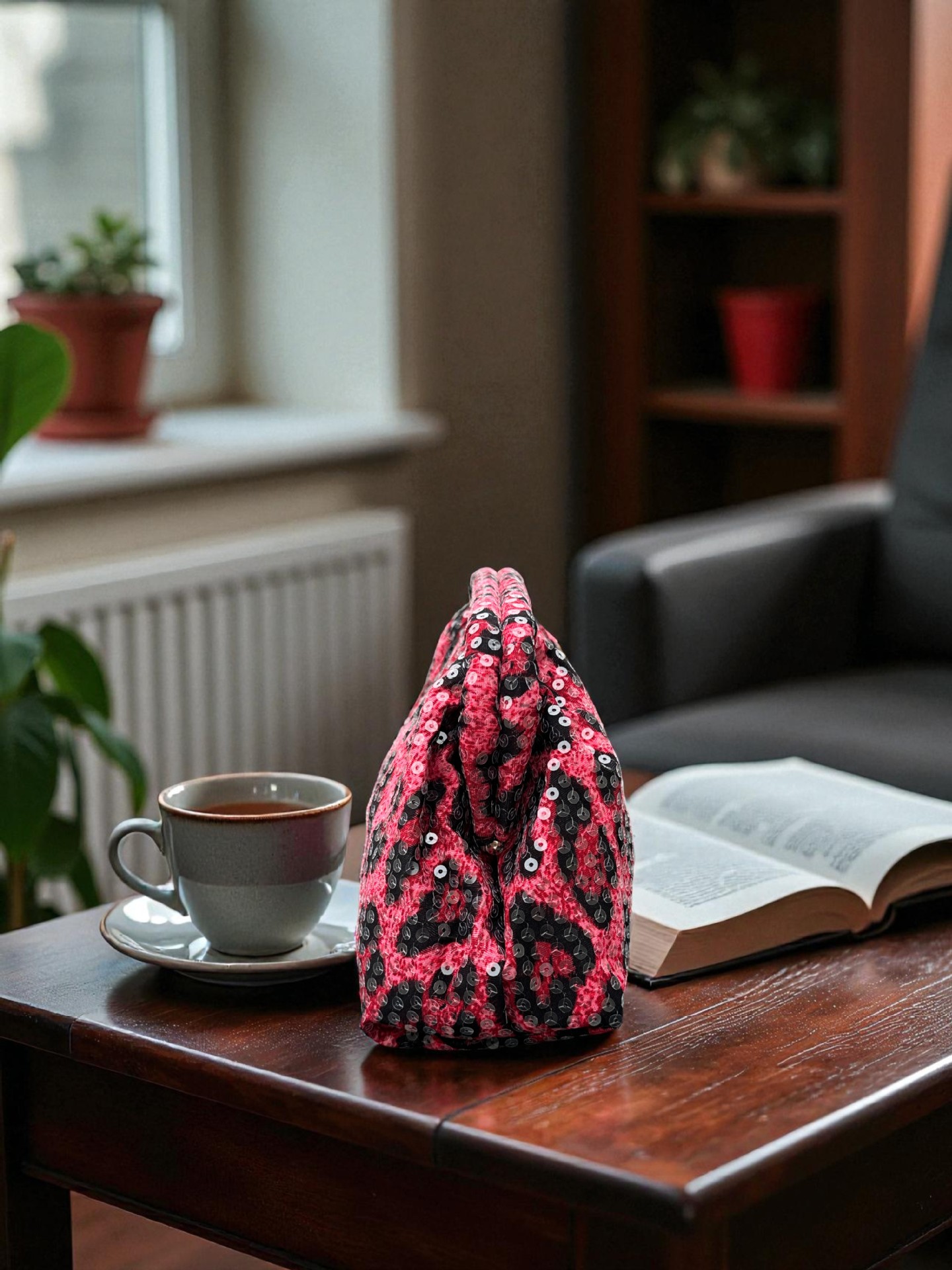 Fuchsia Sequined Leopard Print Clutch Bag For Women Evening Accessory_voghion.com
