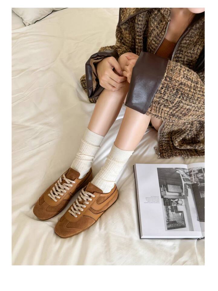 Giày sneaker nữ da thật cổ thấp dáng cổ điển buộc dây phối màu — Bạc, màu nâu, màu xanh lá cây, màu đỏ chi tiết 23