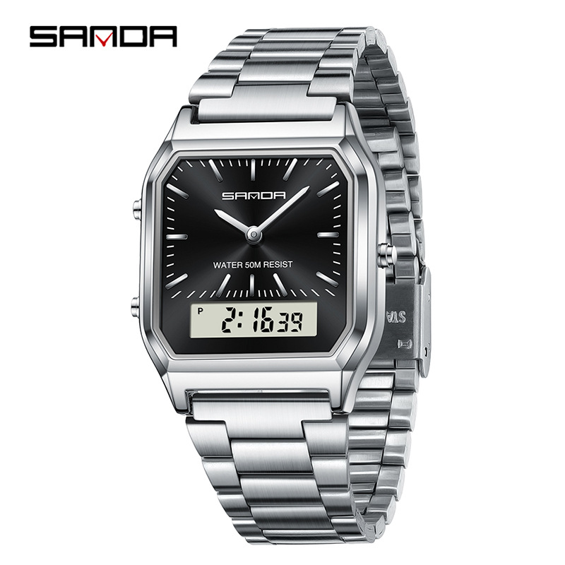 SANDA SANDA 747 hombre retro reloj electrónico de negocios moda moda personalidad reloj de hombre correa de acero reloj de pulsera ligero