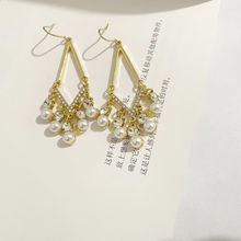韩国高级感菱形珍珠流苏耳环24新款潮设计感小众圆脸显脸瘦耳饰女