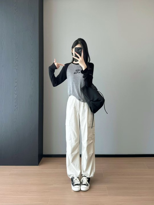 巨显瘦！美式撞色复古感长袖T恤时髦圆领插肩袖上衣打底秋Q25216C|undefined