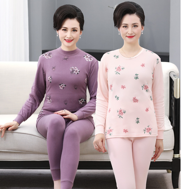 Middle-Aged and Elderly Women's Pure Cotton Thermal Underwear Set, Elderly Women's Autumn Clothes and Pants, Half-High Collar Thermal Tops and Bottoms Middle-Aged and Elderly Women's Pure Cotton Thermal Underwear Set, Elderly Women's Autumn Clothes and Pants, Half-High Collar Thermal Tops and Bottoms