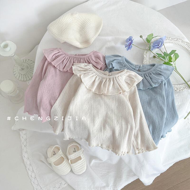 Spring and Autumn Girls' T-shirt Base Shirt Baby Stylish Children's Personality Trendy Brand Korean Style Lotus Collar Jacquard Doll Shirt Spring and Autumn Girls' T-shirt Base Shirt Baby Stylish Children's Personality Trendy Brand Korean Style Lotus Collar Jacquard Doll Shirt
