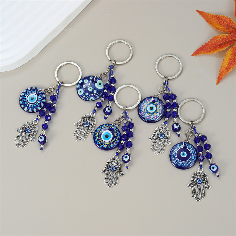 Cross-Border Jewelry Evil Eye Keychain Crystal Beaded Palm Accessories Small Round Cake Print Pendant Bag Accessories Cross-Border Jewelry Evil Eye Keychain Crystal Beaded Palm Accessories Small Round Cake Print Pendant Bag Accessories