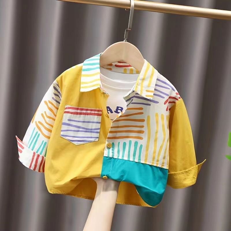 Kids' long-sleeved shirt, boys' and girls' tops, spring and autumn wear, baby jackets, Korean style children's summer shirts, trendy and cool prints.