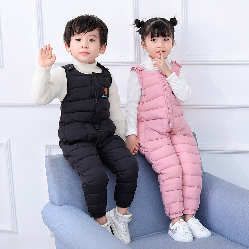 2026 Winter New Style Children's Overalls Cotton Pants for Boys and Girls, Down Cotton Lined Fleece Thickened Onesie Cotton Pants with Open Crotch