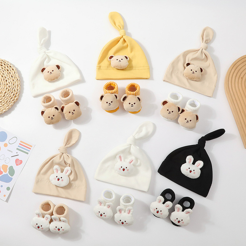 Newborn Pullover Hat Is Soft and Breathable + Knitted Socks Set Doll Decoration Baby Hat Turban Hat Tume