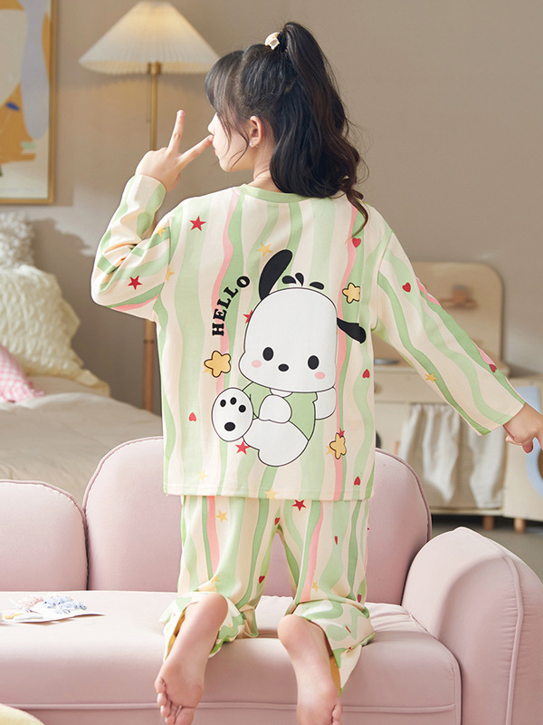 女の子のパジャマの長袖の純綿の薄いタイプの秋の服の中で大きい子供のパチャの犬の子供の王女の赤ちゃんの家庭服のスーツ|undefined