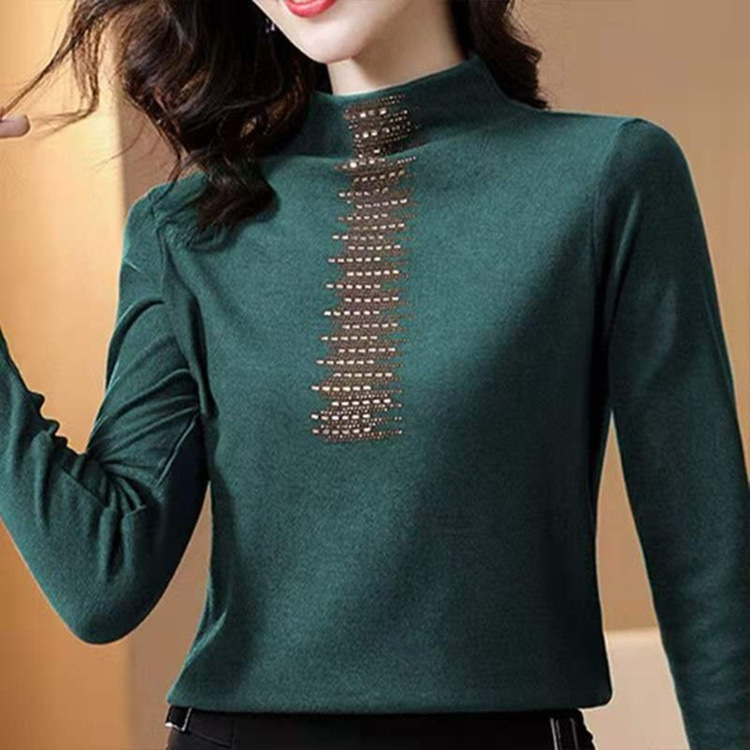 2023 Middle-aged Mother Double-sided Brushed Fleece Base Shirt Women's Long-sleeved Fleece-lined Semi-high Collar Stylish Shirt Top for Winter
