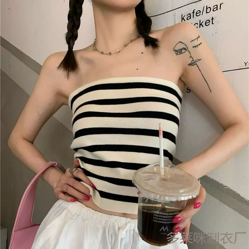 新款抹胸性感辣妹法式复古条纹小背心女夏季外穿短款无袖上衣