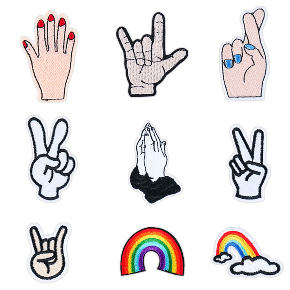 厂家直销电脑绣花卡通手指彩虹服装辅料鞋帽箱包配饰补丁刺绣布贴