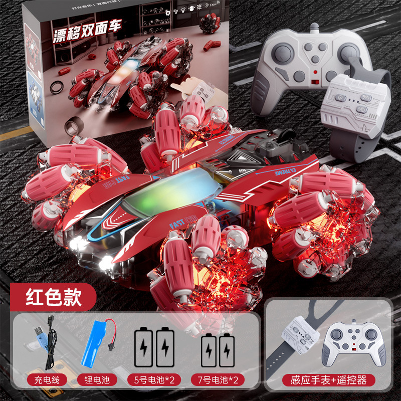 Red double-sided stunt car, lightweight wheel, music car body, remote control