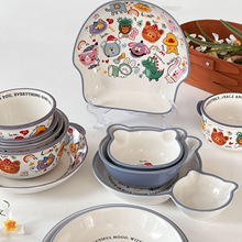 碗可爱碟套装家用釉下彩高颜值卡通陶瓷饭碗盘子碗具套裝陶瓷餐具