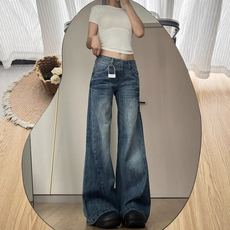 Plus Size American Micro-Flared Jeans for Women in Autum New Retro High-Waisted Washed Loose Horseshoe Straight Long Pants