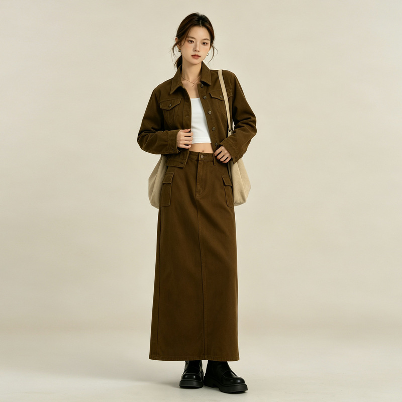 Brown denim suit skirt for women, autumn 2026 new model, short POLO collar jacket, long-sleeve cardigan two-piece set
