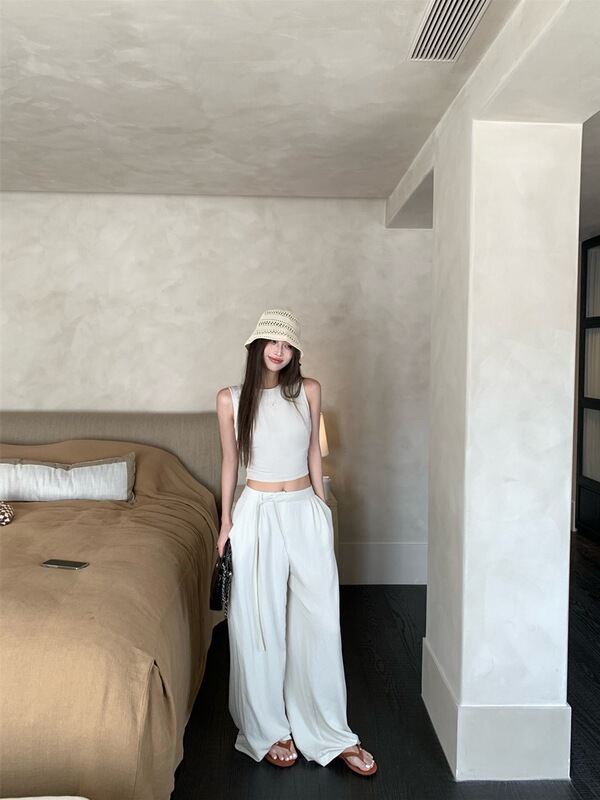 短款无袖背心上衣女夏季时尚气质套装休闲宽松显瘦阔腿长裤两件套|undefined