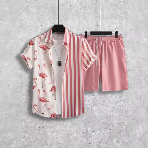 Linen Shirt and Shorts Set for Men - Leisure Vacation, European and American Style, Cross-Border 2025 Summer New Arrival, 3D Printed