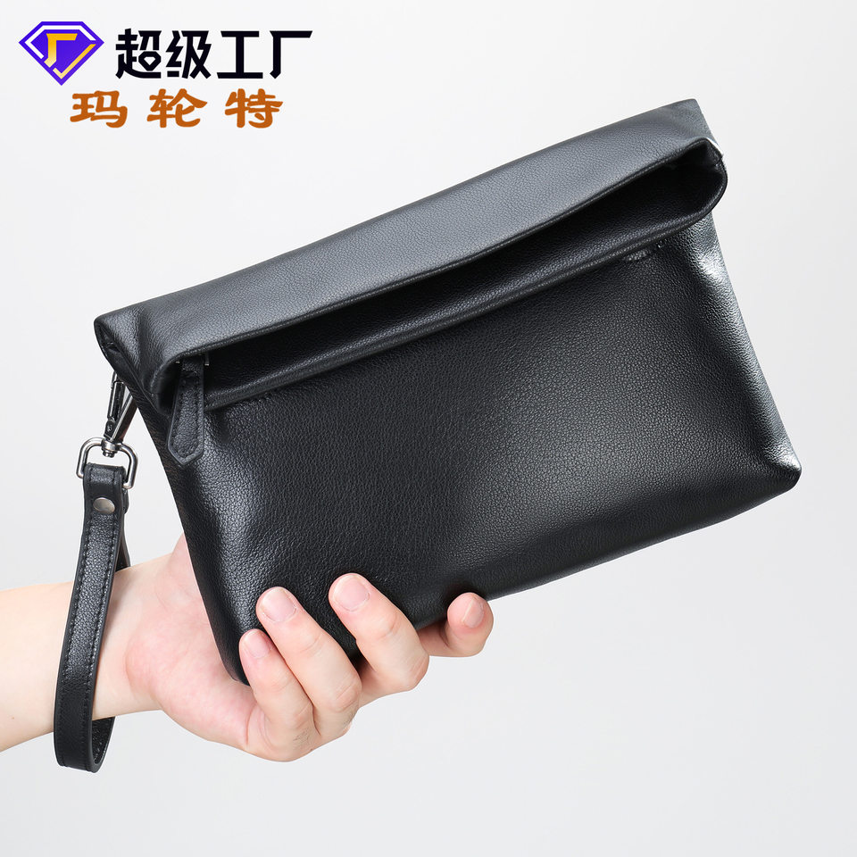 Túi đeo chéo nam da bò thật Malute mềm mại, kiêm túi clutch cầm tay, chống thấm nước — Màu đen