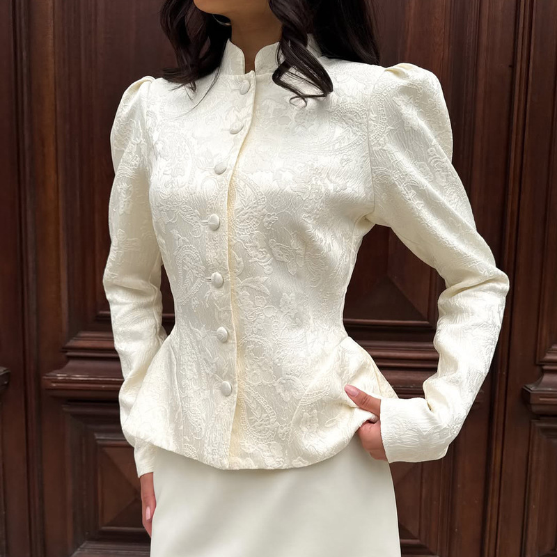 Autumn solid color stand-up collar embossed jacquard court-style top with puff sleeves and ruffle hem, short formal dress jacket Autumn solid color stand-up collar embossed jacquard court-style top with puff sleeves and ruffle hem, short formal dress jacket