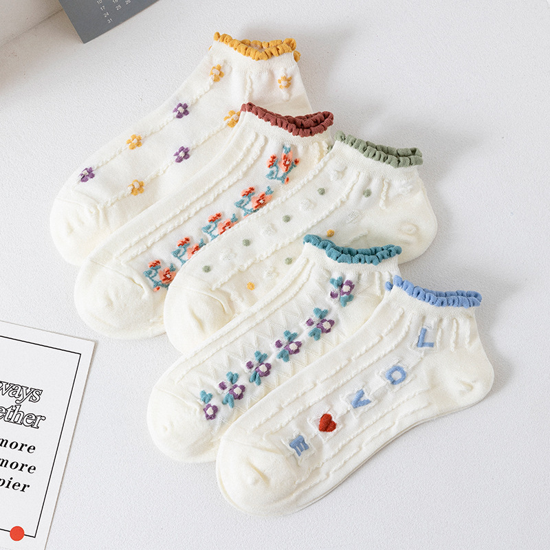 Calcetines de verano, calcetines de mujer, boca fina, encaje lindo, dulce estudiante, corte bajo, calcetines de barco florales pequeños de primavera, marea femenina