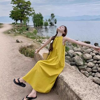新疆云南大理旅游油菜花拍照裙子穿搭女装绝美海边度假黄色连衣裙