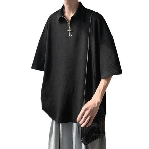 Men's Summer Loose Casual Plain Collared POLO Shirt American Streetwear Half Zip Short Sleeve T-Shirt with Honeycomb Pattern