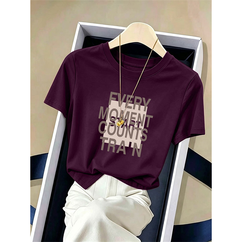 Summer Trendy Women's Slim-Fit Casual Plum Purple Cotton Short-Sleeve T-Shirt Top