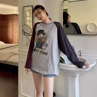 现货韩国东大门女装新品打底衫卡通印花配色领撞色拼接设计体恤衫
