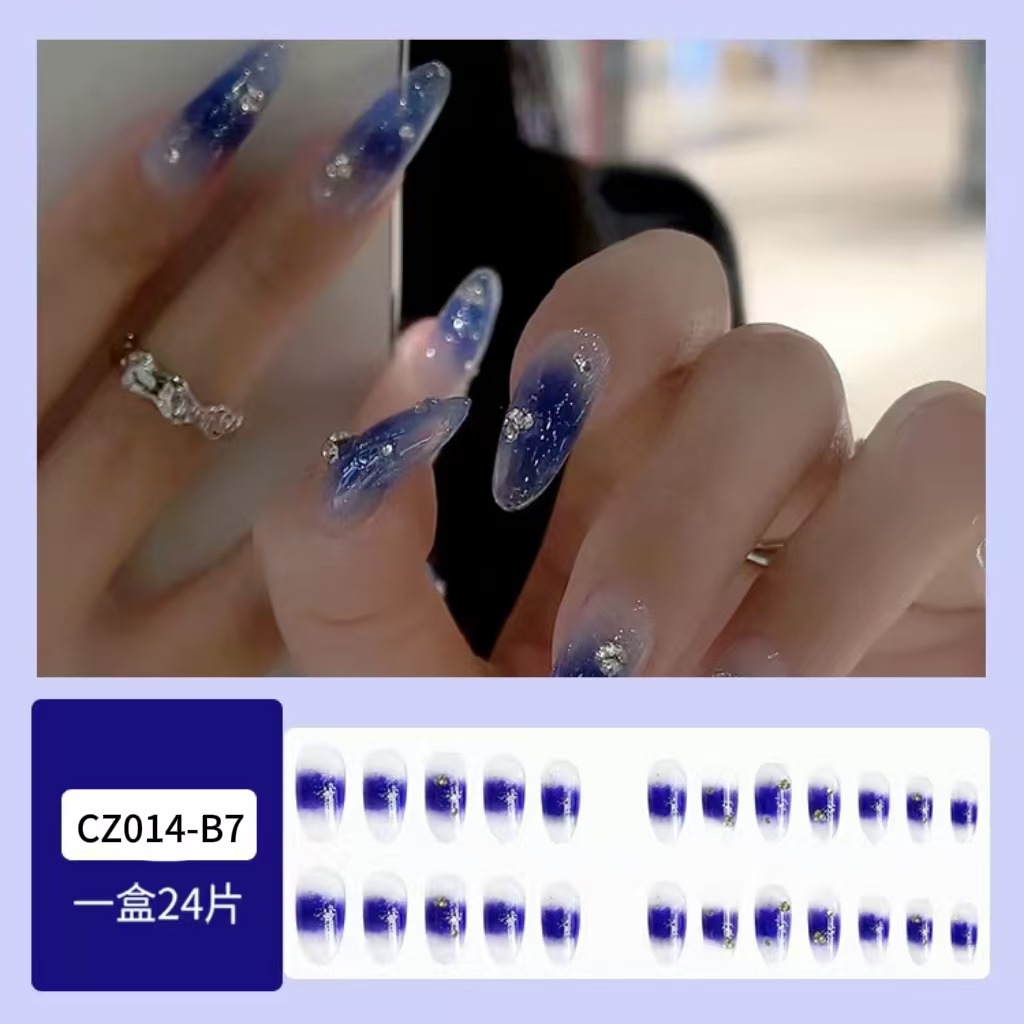 Comercio exterior flash diamante azul y blanco gradiente para usar uñas europeas y estadounidenses estilo largo de uñas 24 piezas de uñas falsas al por mayor