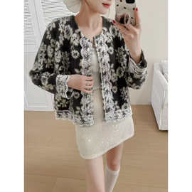 D6C蕾丝毛衣外套女感仿设计法式复古新款秋冬拼接针织开衫水貂绒2