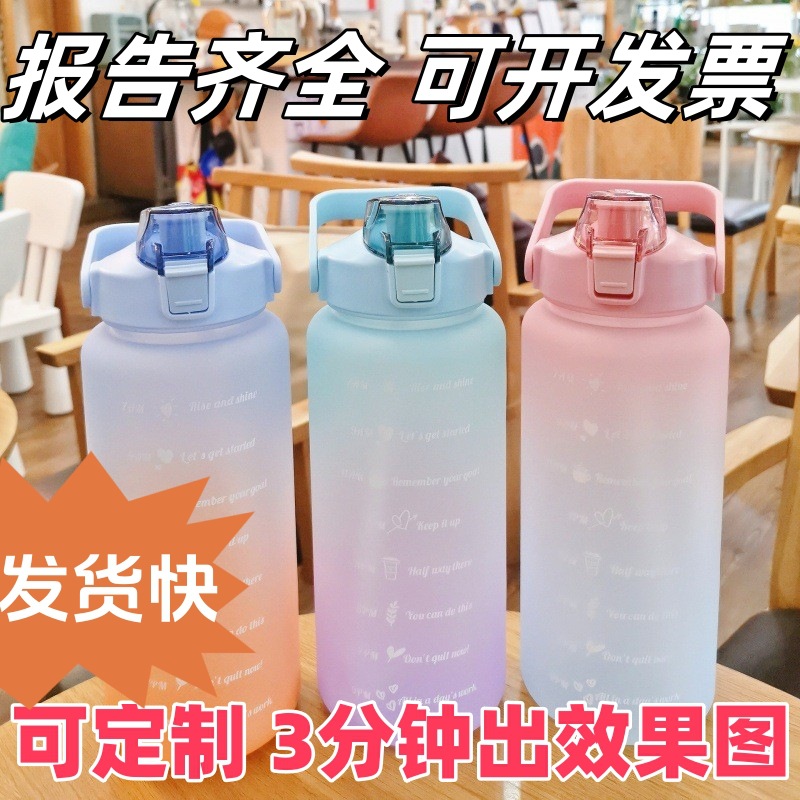 韩版大容量渐变色塑料杯外贸弹跳盖吸管杯子手提便携户外运动水壶