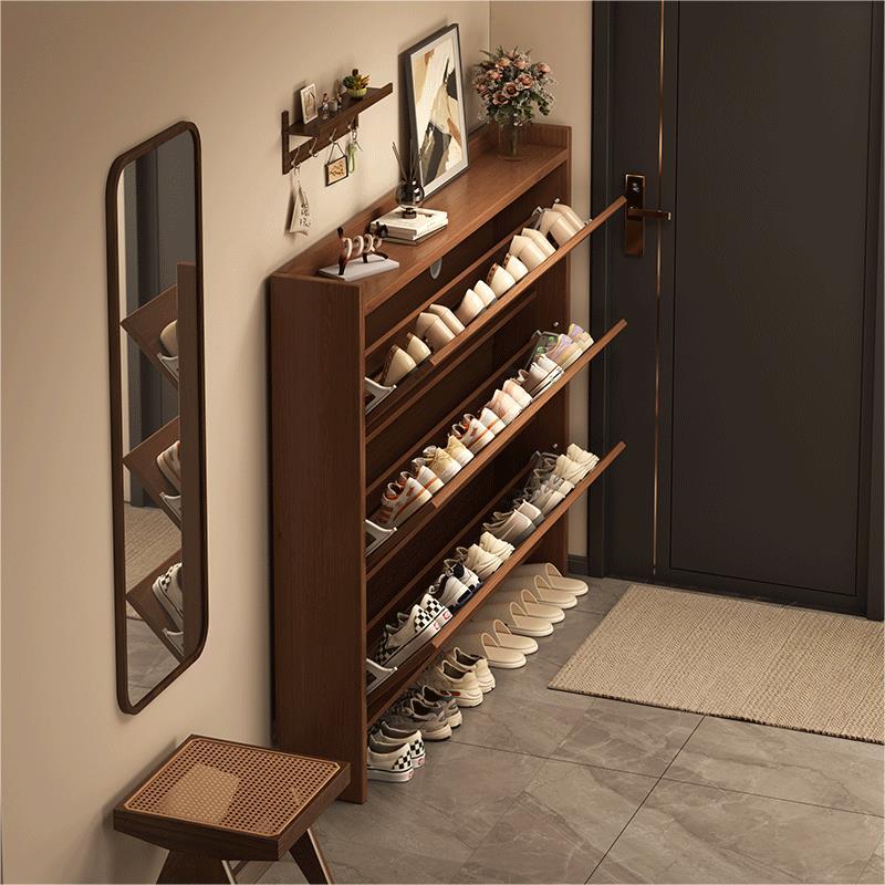 Ultra-Thin Tipping Bucket Shoe Cabinet for Home Door Storage Integrated Wall-Mounted Small Narrow Entryway 2025 New Entrance Solid Wood Shoe Rack