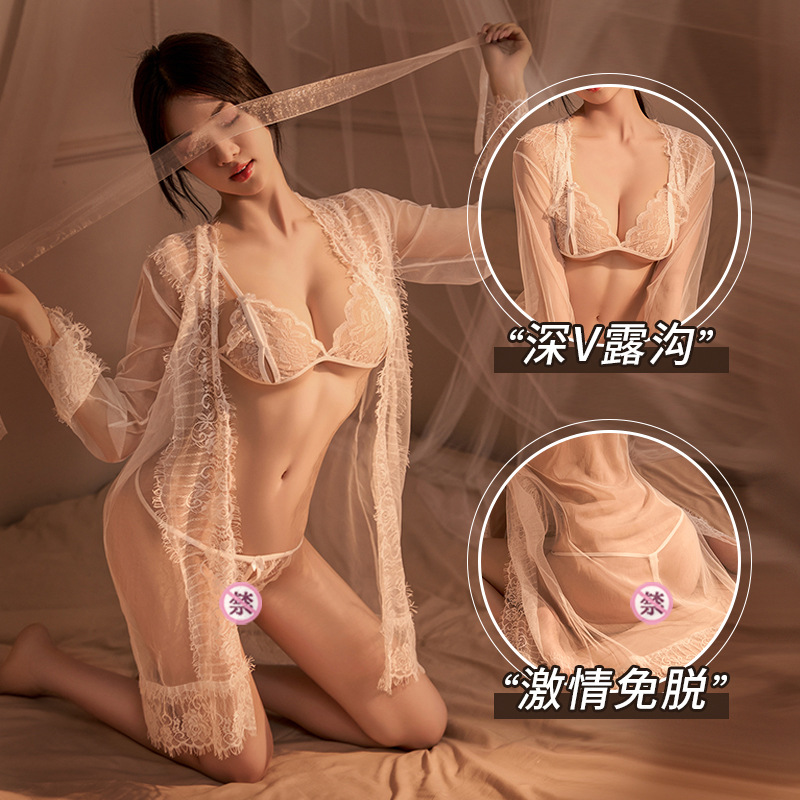 Nueva falda de encaje de malla sexy de mujer sexy ropa de dormir abierta capa caliente traje de ropa interior de tres puntos