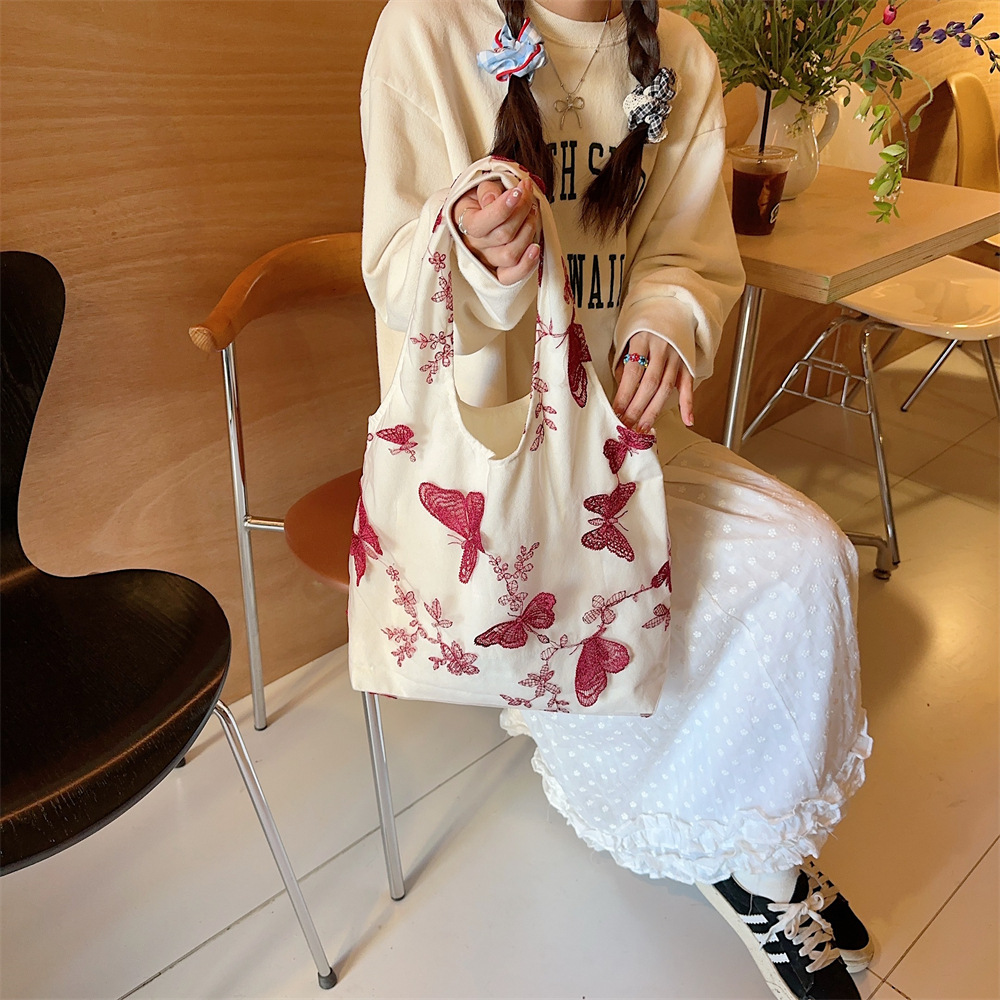44292 Traditional Chinese style retro embroidered lace butterfly cloth bag for casual women's travel, canvas bag, large capacity single-shoulder bag undefined