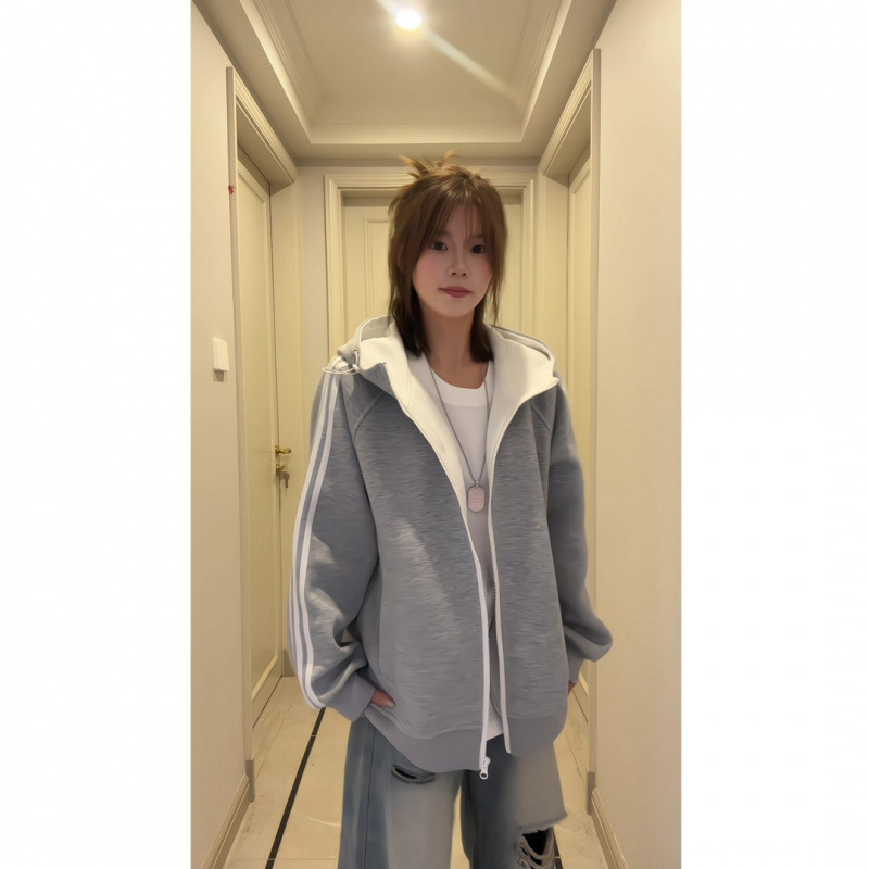 Two-tone striped hooded cardigan sweatshirt for men, autumn high-end American casual sports jacket for couples