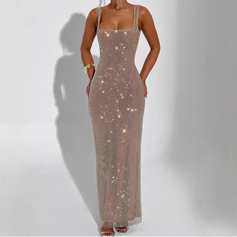 European and American Cross-Border Sexy Shoulder Strap Sequin Hot Diamond Suspender Dress New Elegant Waist Pullover Hip Skirt Long Skirt