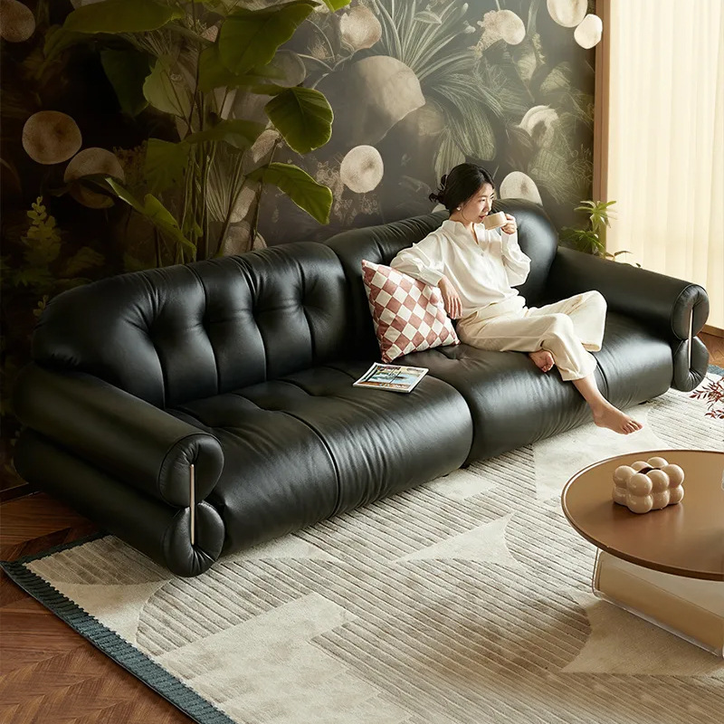 Rudai French Retro Light Luxury Leather Sofa Large Black Cow Middle Black Top Layer Cowhide Straight American Sofa