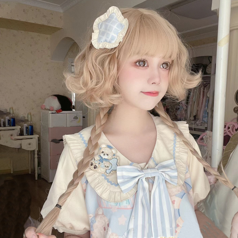 Cheng Ming's New Wig Women's Blonde Long Hair Lolita Curly Hair Jellyfish Head Can Tie Double Ponytail Braid Full Head Cover