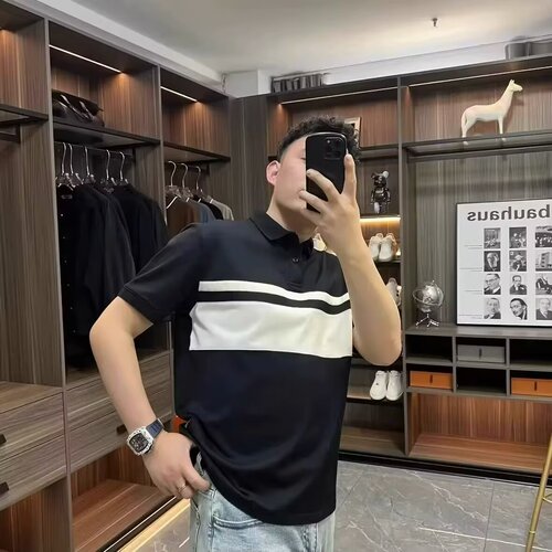 Summer New Men's Collar Striped POLO Loose Casual Color-blocked Short-sleeve T-shirt Simple Fashion Design Top