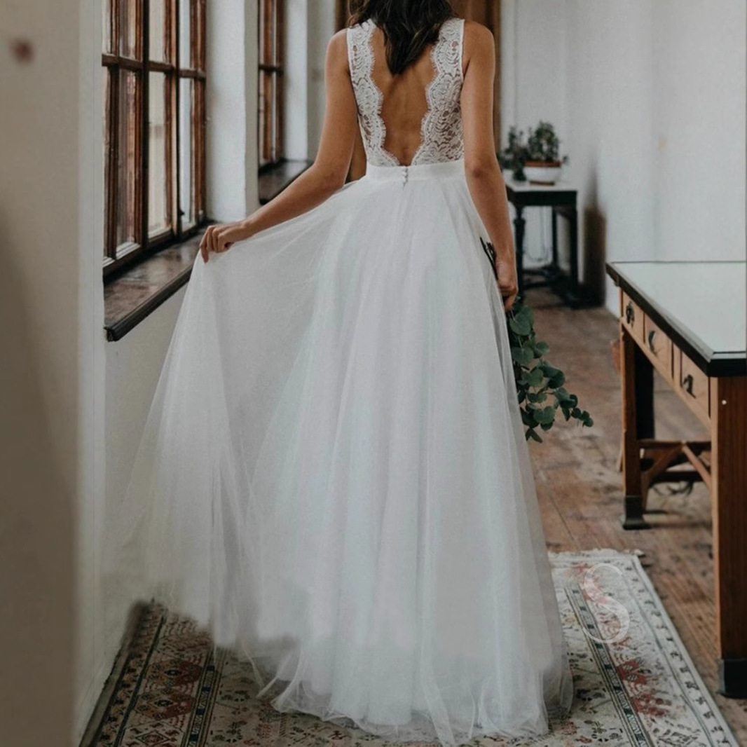 2025 New Shoulder Deep V Neck Sleeveless Large Backless Slim Lace Small Trailing a Version Wedding Dress Travel Photography Gauze