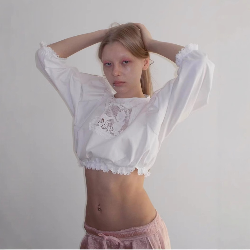 in stock 2025 Summer New South Korea Dongdaemun Embroidered Lace Stitching Front and Back Short Shirt