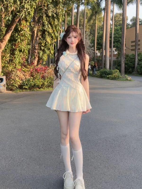法式蕾丝拼接茉莉甜美青绿夏季花朵连衣裙设计新款显瘦收腰长裙子|undefined
