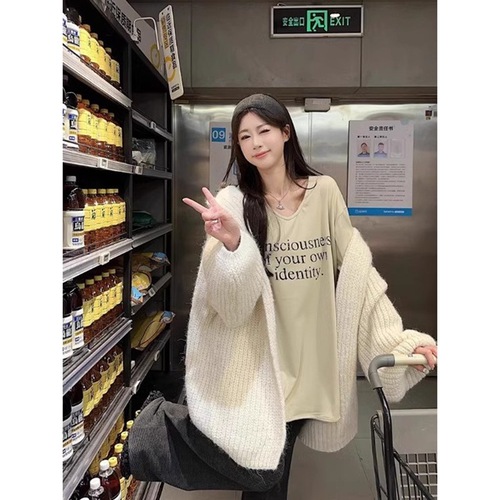 Gold Luster Official Image【+Original Version Method】Lazy Style Letter Long Sleeve T-Shirt for Women as Inner Layer Base Shirt Loose