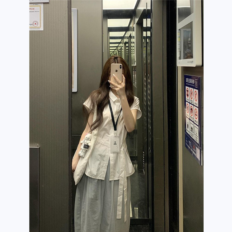 设计感小众短袖衬衫女夏季2025新款韩系百搭绑带收腰中长款上衣潮|undefined